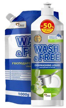 Набір Рідина д/посуду 1л ВашФрі Wash&Free "Зелене яблуко " + Мило рідке 1кг Господарське ВашФрі Wash&Free Сошет (1+1) 00-00002463 фото